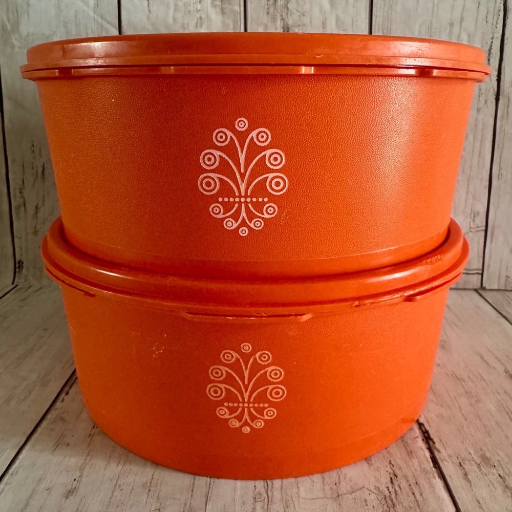 Vintage Tupperware Servalier Orange Canister Set 1204-4 Sunburst Lids Lot of 2